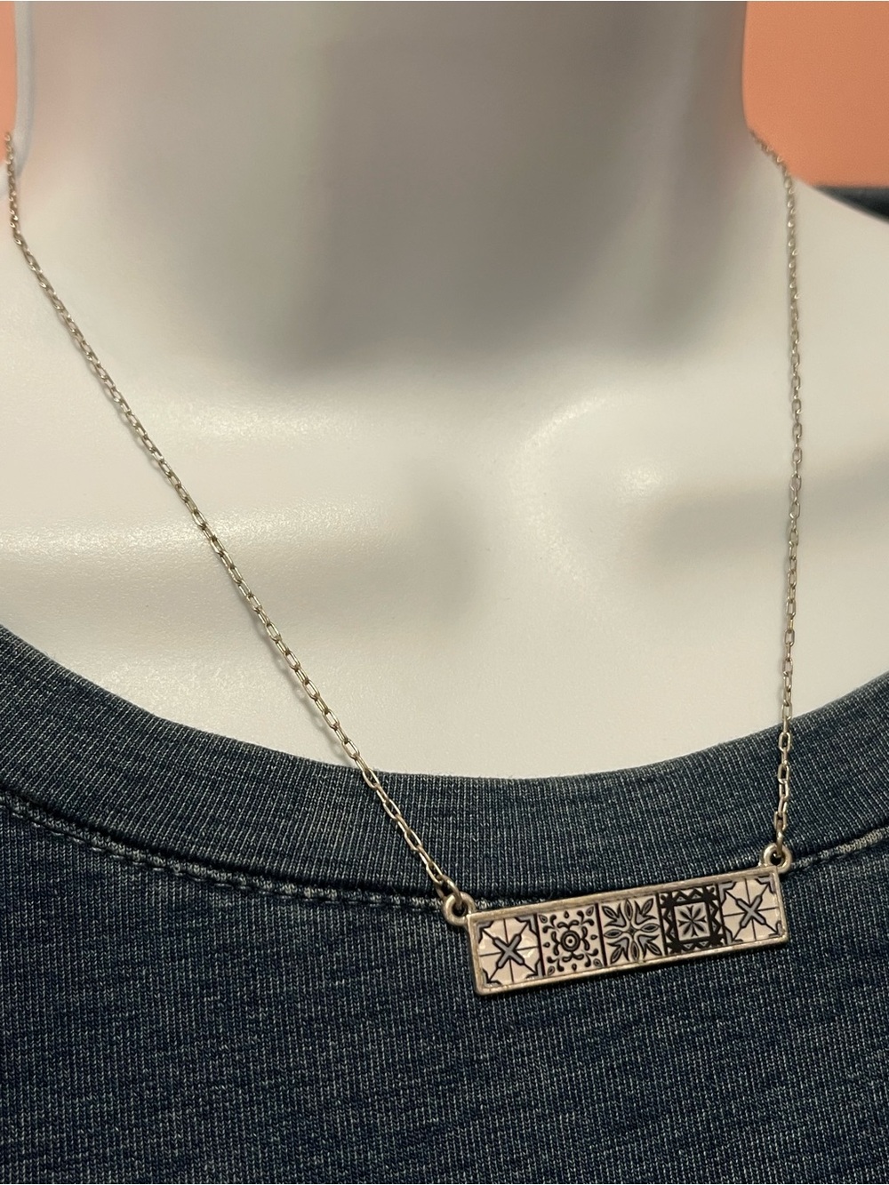 Spanish Mosaic Tile Sterling-Tone Tile Pattern Bar Necklace - Silver